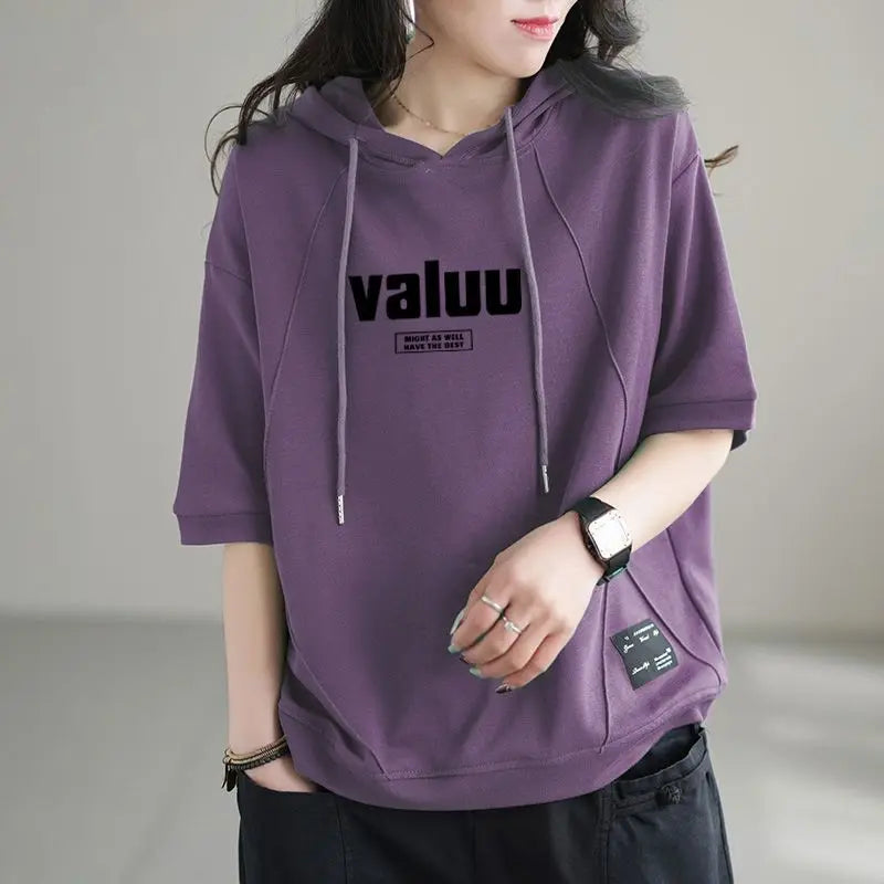 2024 New Summer Art Fashion Casual Loose Sports Oversized Versatile Letter Printed Short Sleeve Hooded Sweater for Women