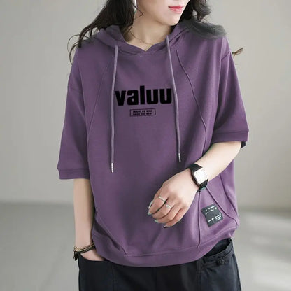 2024 New Summer Art Fashion Casual Loose Sports Oversized Versatile Letter Printed Short Sleeve Hooded Sweater for Women