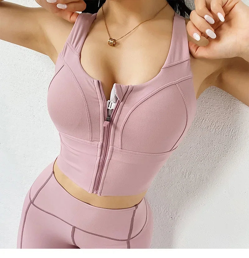 Front Zipper Sports Bra - Women's Athletic Crop Top, Push Up Wireless Fitness Tank