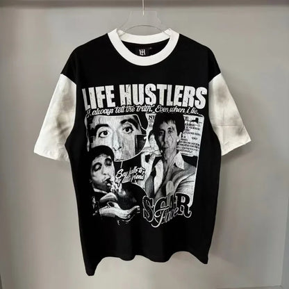 26SS Y2K High Quality American Retro Trendy Fashion Tops LIFE HUSTLERS 100% cotton large size loose Men's Women's T-Shirt