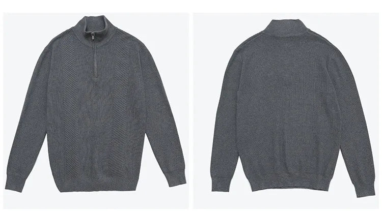 Men's Semi-Zip Knit Sweater - White (Gray/Black)  Winter Weight Fabric Fashionable Semi-High Neck Daily Wear