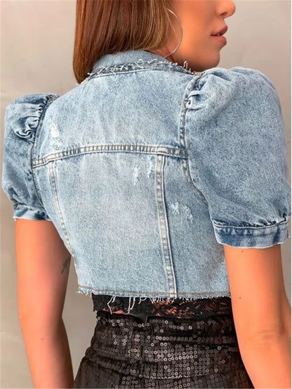 Women Crop Denim Jacket Fashion Vintage Retro Holes Puff Short Sleeve Pockets Coat Top Female Casual Short Clothes Streetwear