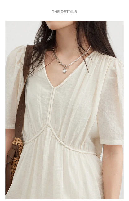 Vintage V-Neck Dress – Women Summer Fashion | White Puff Sleeve, Loose Ankle-Length