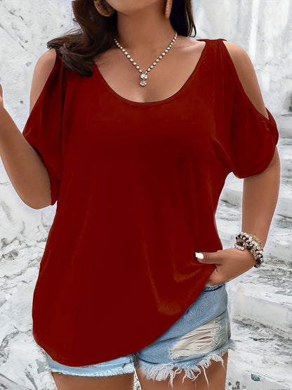 Plus Size Cold Shoulder Top - Elegant Black Tee With Trendy Cutouts & Curvy Fit
