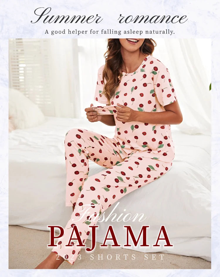 Women's Pajamas Set Spring Autumn New Short Sleeve Trousers Sleepwear Casual Flower Print Pajamas Woman Home Clothes Pyjama Suit