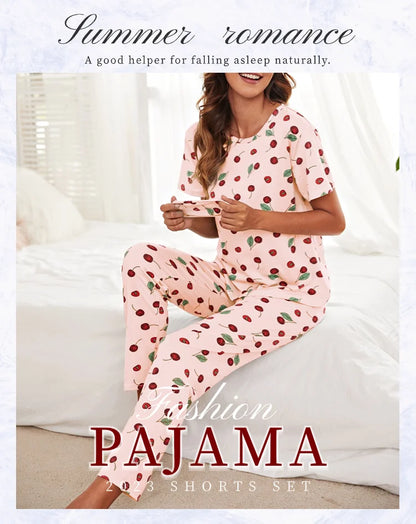 Women's Pajamas Set Spring Autumn New Short Sleeve Trousers Sleepwear Casual Flower Print Pajamas Woman Home Clothes Pyjama Suit
