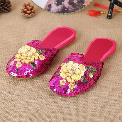 36-40 Women Slippers Sequin Embroider Shoes Summer Silk Fabric Flats Flower Closed Toe Soft Sole Non-slip Chinese Style Footwear