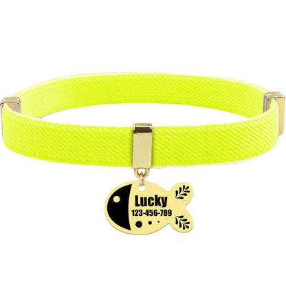 Free Customized Cat Collar Cute Fish Metal Necklace Pet ID Name Tag Personalized GPS Tracker Kitten Dog Breakaway Elastic Collar