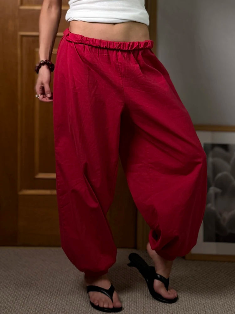 Wide Leg Red Pants For Women Cotton Long Bloomers White Autumn Elastic Waist Lantern Trousers Women Straight Practice Pants Lady