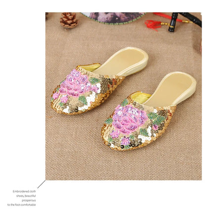 36-40 Women Slippers Sequin Embroider Shoes Summer Silk Fabric Flats Flower Closed Toe Soft Sole Non-slip Chinese Style Footwear