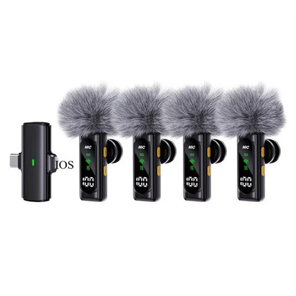 Wireless Lavalier Microphone Set with 4 Receivers Noise-Canceling Mini Mic for iPhone Android Portable Audio Video Recording