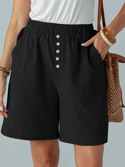 Summer Ladies Casual Loose Pocket Buttoned Linen Shorts Comfortable Breathable Loose Fit Short Pants for Women