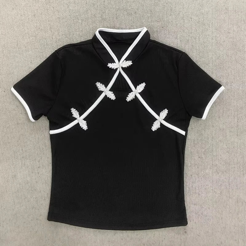 Women's Beige Chinese Style Cheongsam Blouse Vintage Mandarin Collar Short Sleeve Crop Top with Frog Button Keyhole Asymmetrical