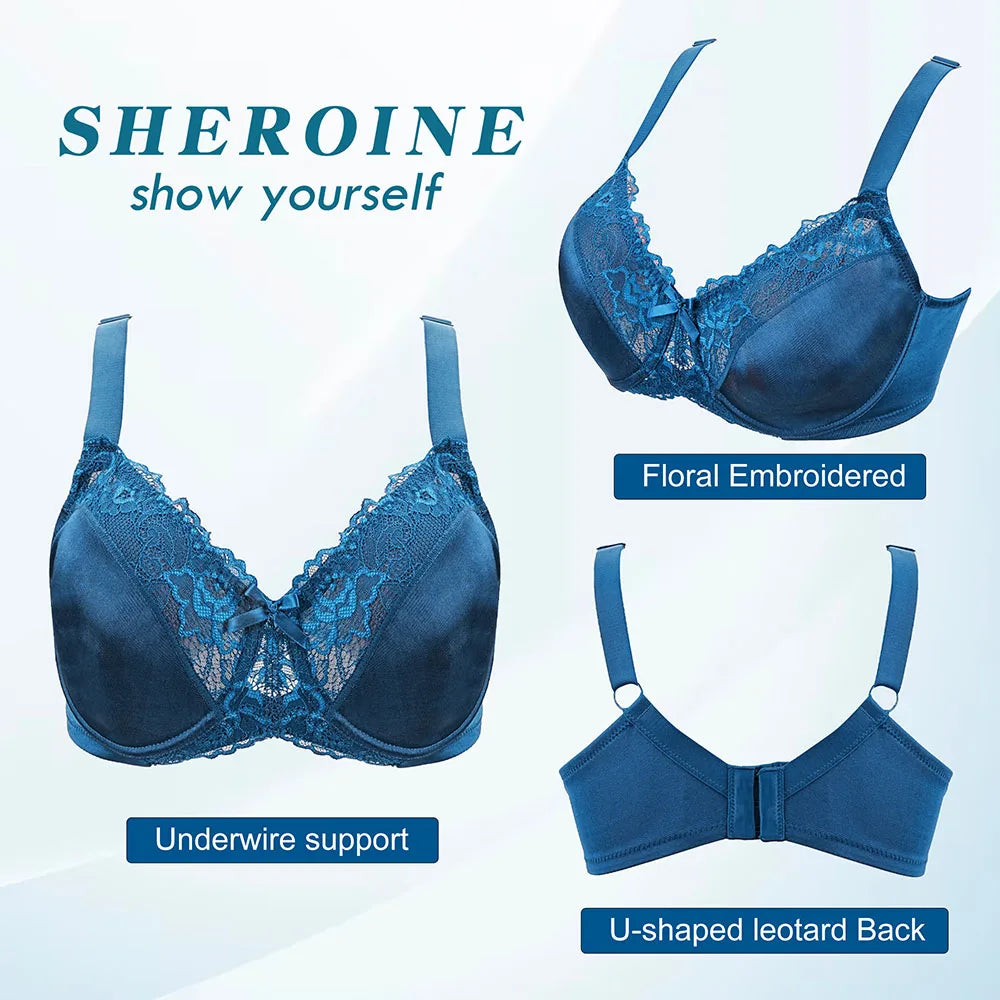 Sheroine Plus Size Floral Lace Underwire Bra, Minimizer Full Coverage Non Padded Cup for Everyday Support & Comfortable Wear