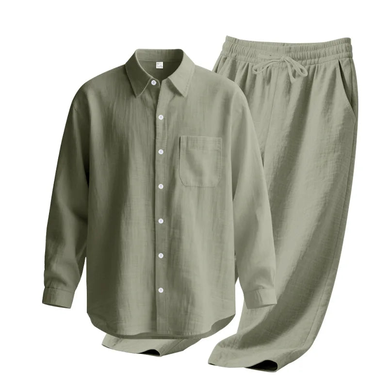 Men's Autumn Loose Trend Linen Solid Color Simple Lapel Long-Sleeved Shirt Beach Trousers Set