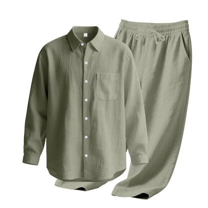 Men's Autumn Loose Trend Linen Solid Color Simple Lapel Long-Sleeved Shirt Beach Trousers Set