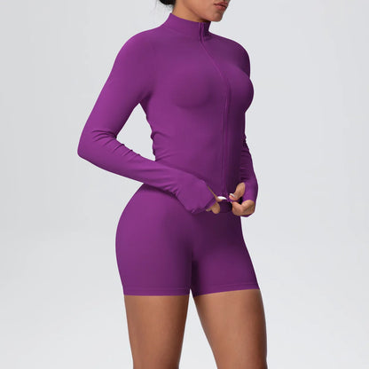 Women Gym Set - Seamless Yoga Suit With Zip Shirt & Cycling Shorts Activewear