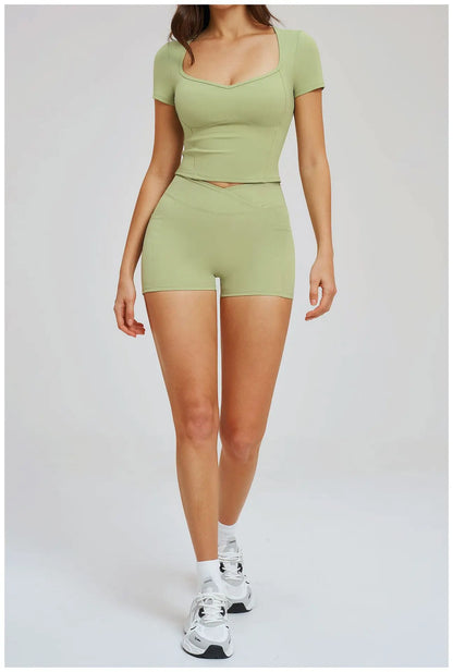 2 Pieces Workout Sports Sets Fitness Set Women Tracksuit Workout Outfits Running Sports Shorts Gym Suit Short Sleeve Yoga Top