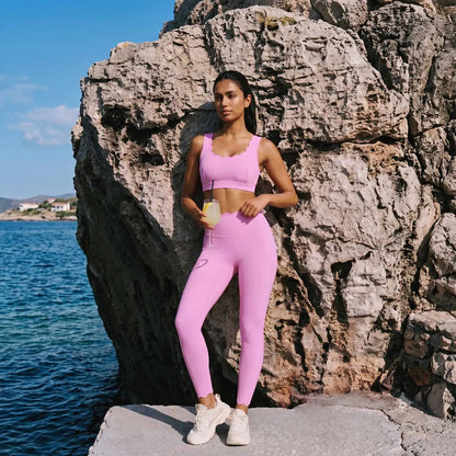 Women Petal Trim Cross Back Push Up Sports Bra High Waist Compression Leggings Set Quick Dry Breathable Yoga Gym Outfits