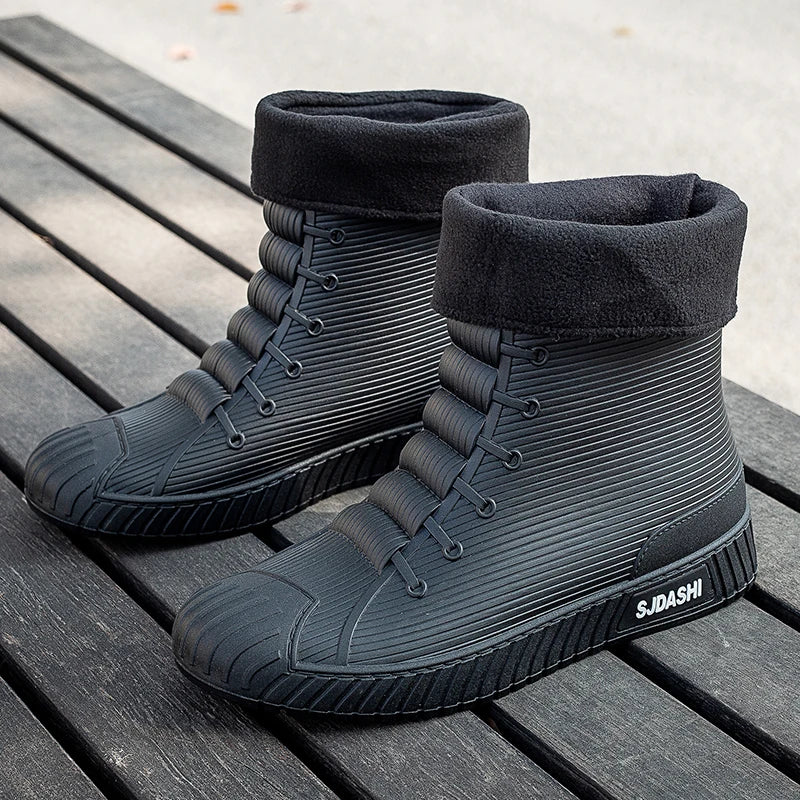 Waterproof Rain Boots - Men Women Mid-Calf Lined Fleece Casual PVC Shoes