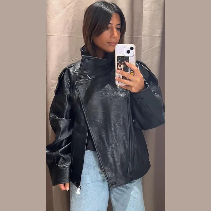 Vintage Leather Bomber Jacket – Women's PU Leather Zip Jacket With Belt & Patchwork Design