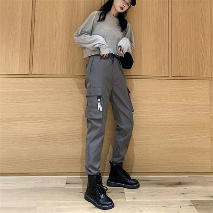 Black Cargo Pants Women Casual Joggers High Waist Loose Female Hip Hop Trousers Korean Punk Pants Funny Capri Streetwear Femme