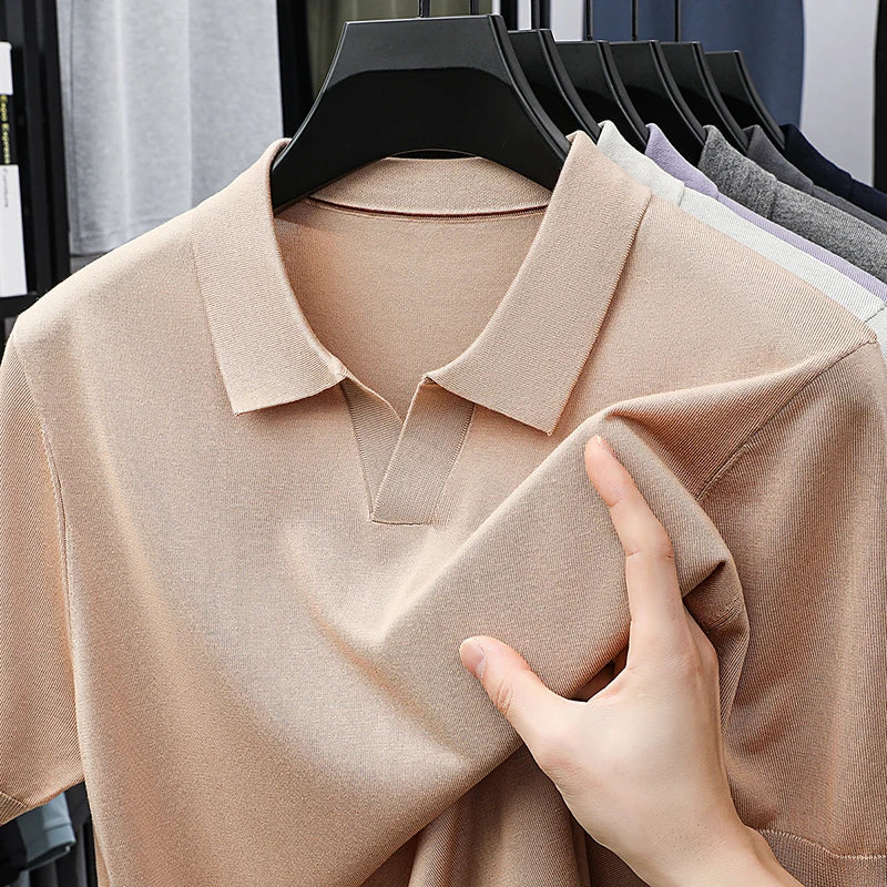 100%  Lyocell Knitwear 2025 Men Spring Summer Trendy Turn Down Collar Knit Tees Short Sleeve Breathable Knit Tops