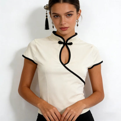 Women's Beige Chinese Style Cheongsam Blouse Vintage Mandarin Collar Short Sleeve Crop Top with Frog Button Keyhole Asymmetrical