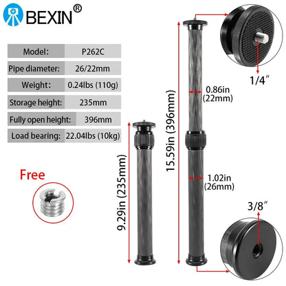 Selfie Stick With 1/4 or 3/8 Screw Tripod Carbon Fiber Central Axis Extension Rod Adjustable Extension Rod for DSLR Cameras