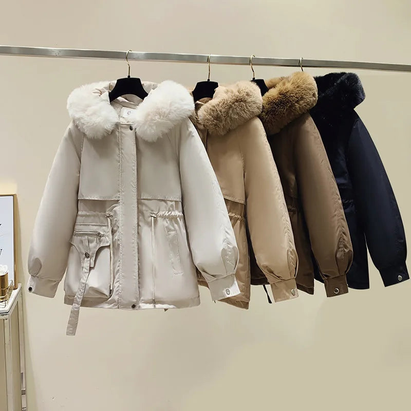 Women Winter Jacket - Fleece Lined Puffer Coat With Hooded Zipper Closure