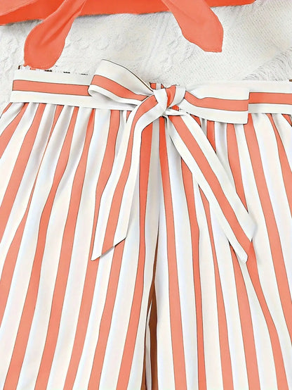 Women's casual daily short sleeved love printed+striped printed shorts 2-piece set with random belt striped children's clothing