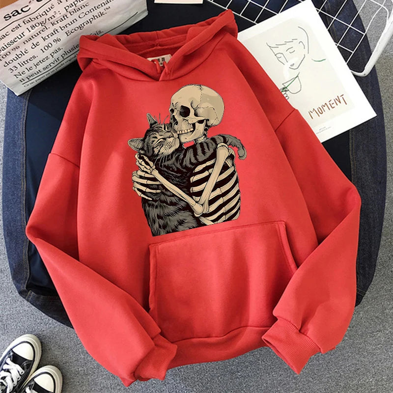 Halloween Skull and Cat Print Kangaroo Pocket Hoodies Fall Winter Long Sleeve Sweatshirt Unisex Funny Vintage Hooded 90s Clothes