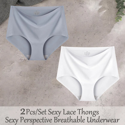 FINETOO 2Pcs/Set Summer Traceless Ice Silk Panties For Women Solid Color High Waist Underpants Female Breathable Sexy Lingerie