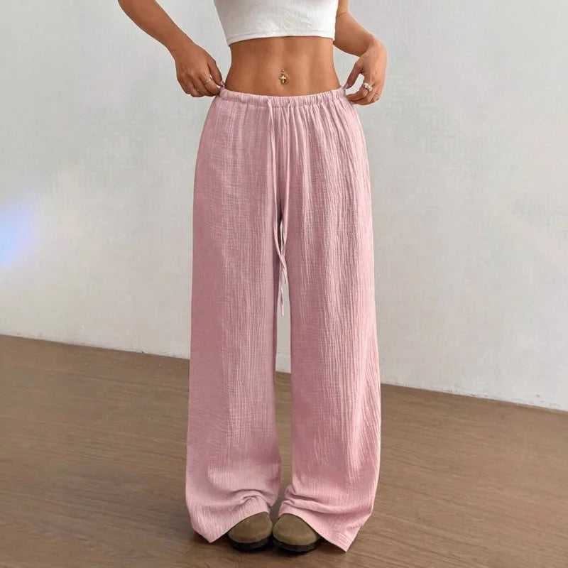 Women's Elegant Multi-Functional Stretch Waist Comfortable Casual Pants, Slightly Stretchy Simple Solid Textured Fabric High-Waist Wide-Leg Pants with Drawstring Waist and Slanted Pockets