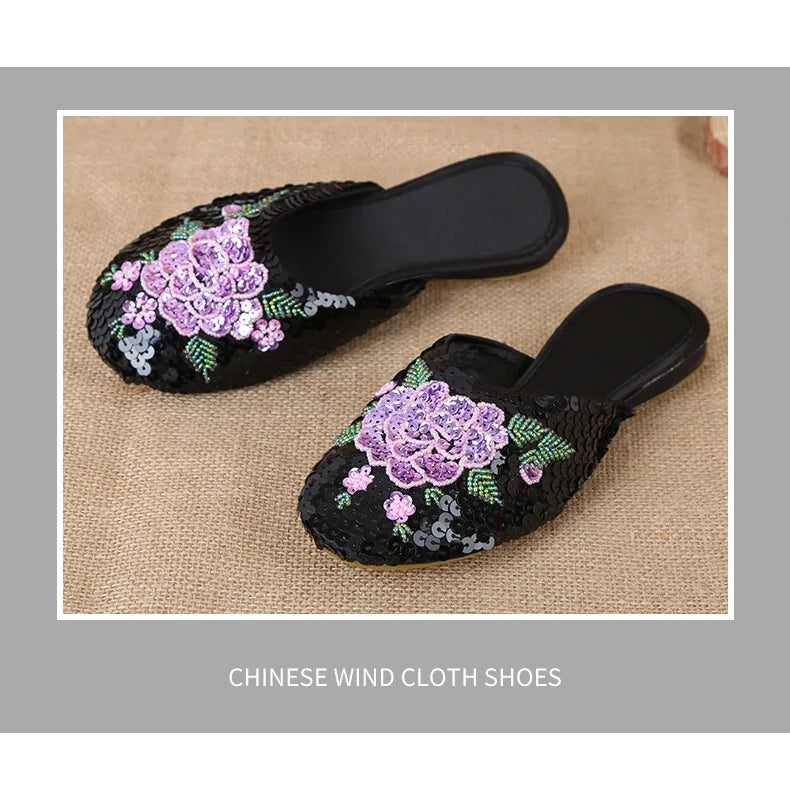 36-40 Women Slippers Sequin Embroider Shoes Summer Silk Fabric Flats Flower Closed Toe Soft Sole Non-slip Chinese Style Footwear