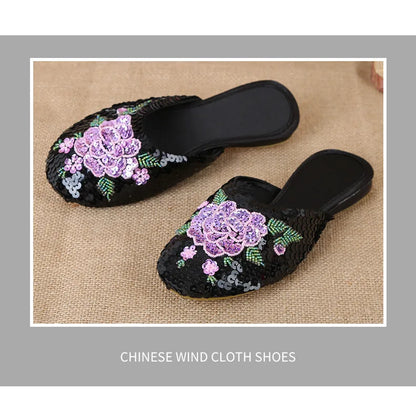 36-40 Women Slippers Sequin Embroider Shoes Summer Silk Fabric Flats Flower Closed Toe Soft Sole Non-slip Chinese Style Footwear