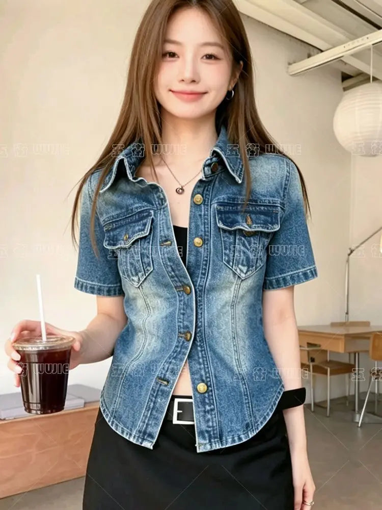 French retro Polo collar short-sleeved denim jacket women's summer 2026 fashion  loose single-breasted temperament top