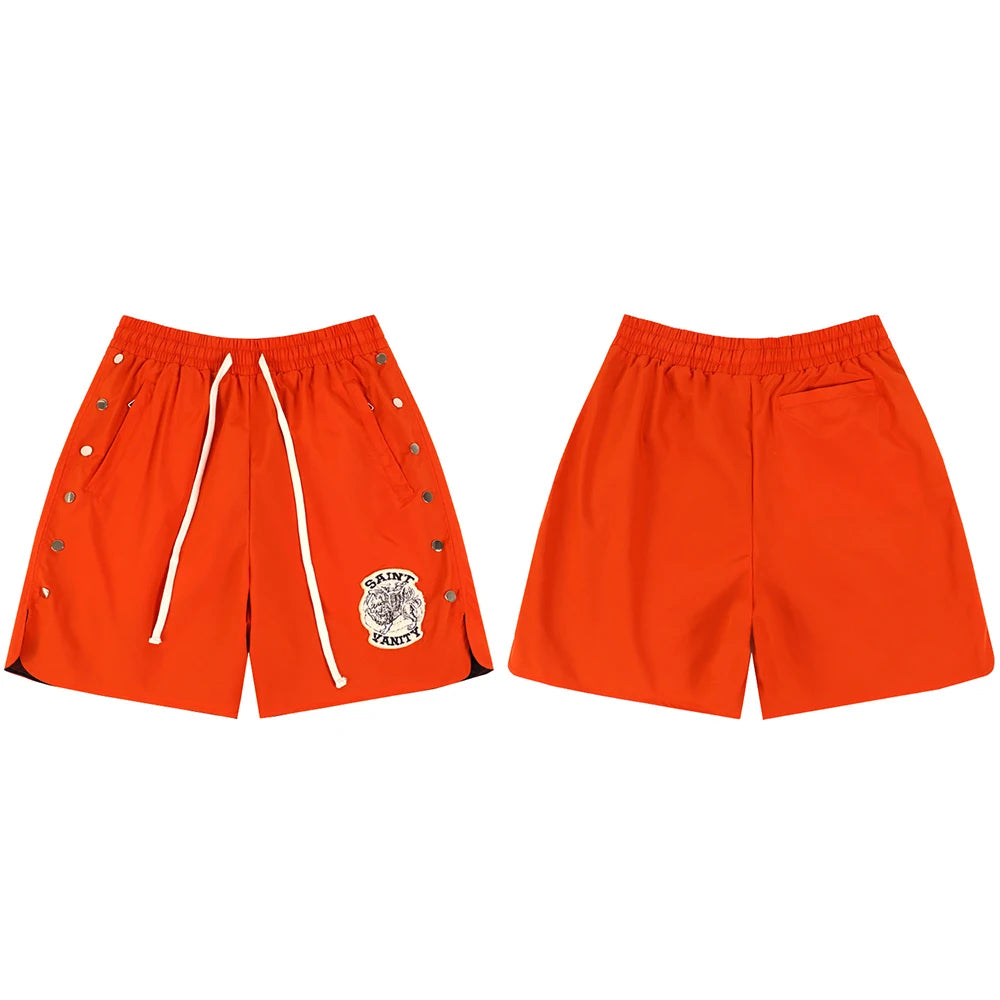 Side Button Embroidery Water Proof Thin Summer Shorts for Men Elastic Waist Drawstring Baggy Quick Dry Five Point Pants