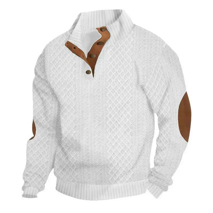Men's Waffle Knit Quarter Zip Pullover with Contrast Trim and Elbow Patches Casual Long Sleeve Sweater