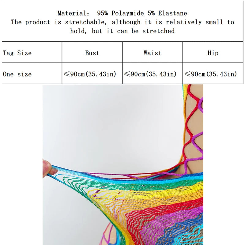 Women Rainbow Fishnet Cover Up Dress Sexy See Through Hollow Out Elastic Swimwear Beachwear Summer for Music Festival Vacation