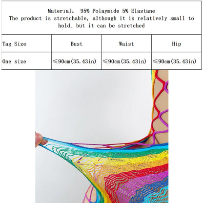 Women Rainbow Fishnet Cover Up Dress Sexy See Through Hollow Out Elastic Swimwear Beachwear Summer for Music Festival Vacation