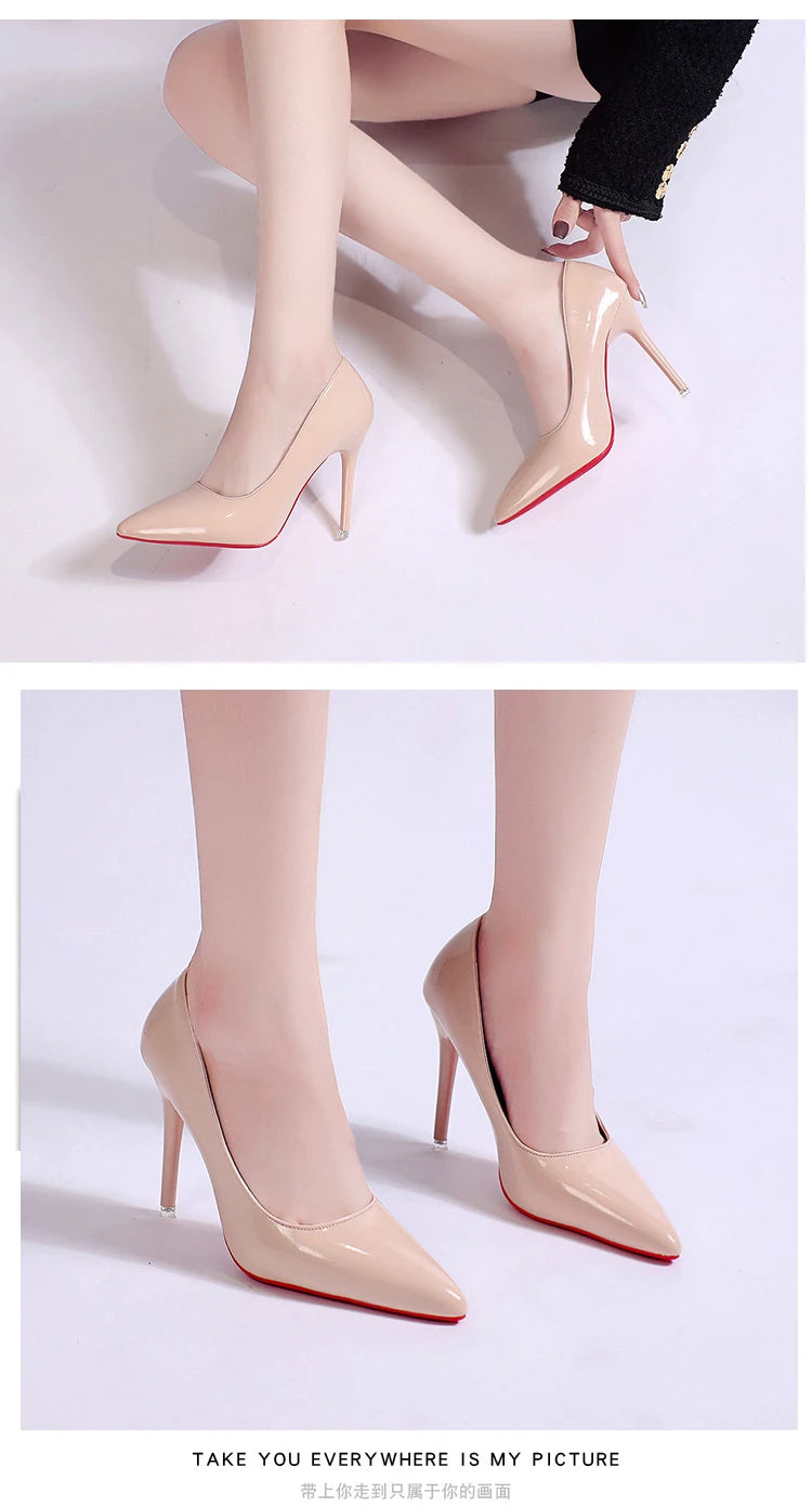 White Nude Pointed Toe Patent Leather High Heels Sexy Red Sole Party Prom Girl Pumps Minimalist Shallow Mouth Work Single Shoes