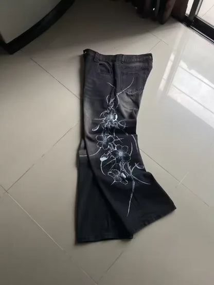 Y2K Gothic Men's Black Distressed Jeans White Thorn Floral Print Wide Leg Baggy Denim Pants Streetwear Casual Trousers