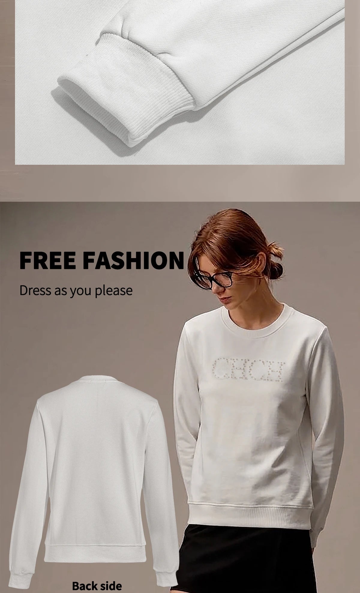 CHCH Women's Hoodie 2026 New Simple Pearl Embroidered Top Women's Beige Loose Long Sleeve Hoodie
