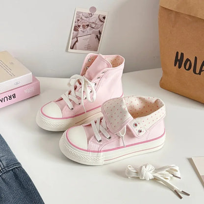 Women's High Top Platform Canvas Sneakers Polka Dot Foldable Collar Lace Up Breathable Korean Style Casual Shoes Fall 2026