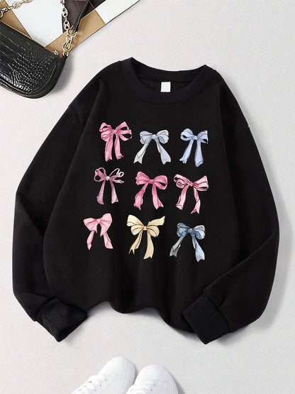 Retro Leopard Print Bow Printed Women Hoodies All-Match Fleece Casual Clothes Street Pullover Winter Autumn Woman Clothing