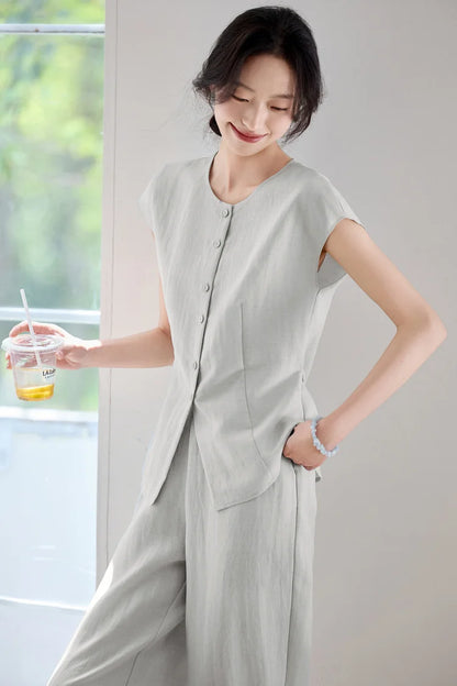 SENTUBILA Women's Linen Trouser Suit Summer Two Pieces Matching Set Women Button Shirt Straight Pant Sets 2026 Outfits 152ZA0094