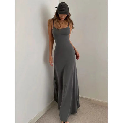 Summer Backless Dress - Slim Waisted Spaghetti Strap Mid-Calf Length Casual Outfit