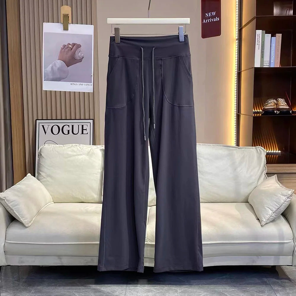 Women's Loose-Fit Sports Pants with Pockets, Straight-Leg High-Waist Athletic Fitness Pants, Yoga Pants, Pilates Trousers