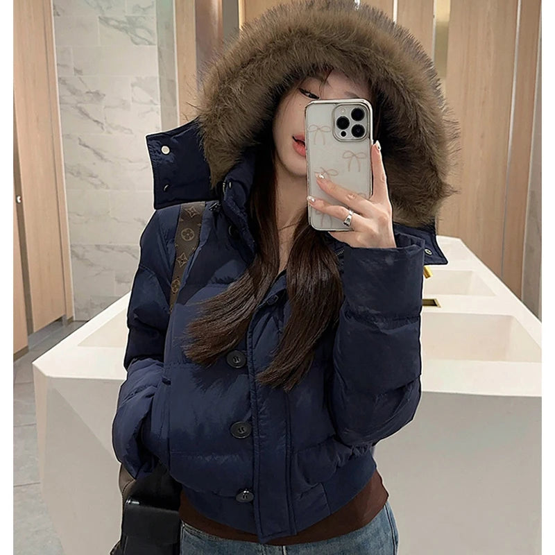 Casual Cropped Parkas Women Fashion Faux Fur Collar Hooded Puffy Coats Winter Warm Solid All Match Slim Long Sleeve Outwear Tops